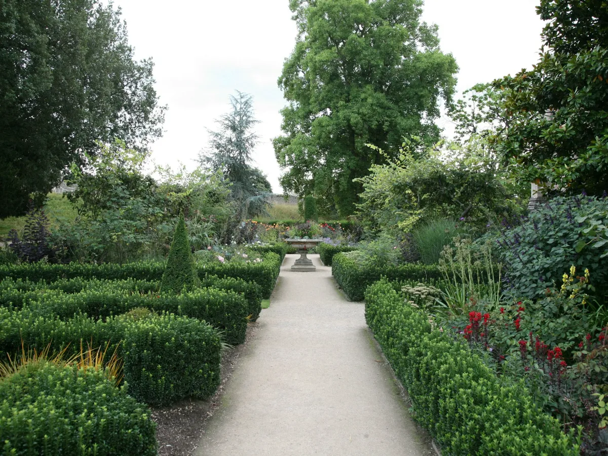 Jardin structuré avec haies et massifs fleuris, après travaux