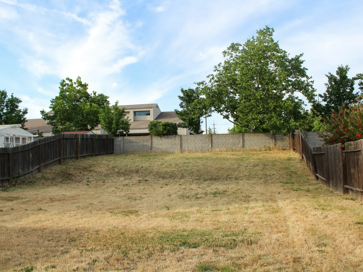 Jardin vide avec une pelouse sèche, avant travaux